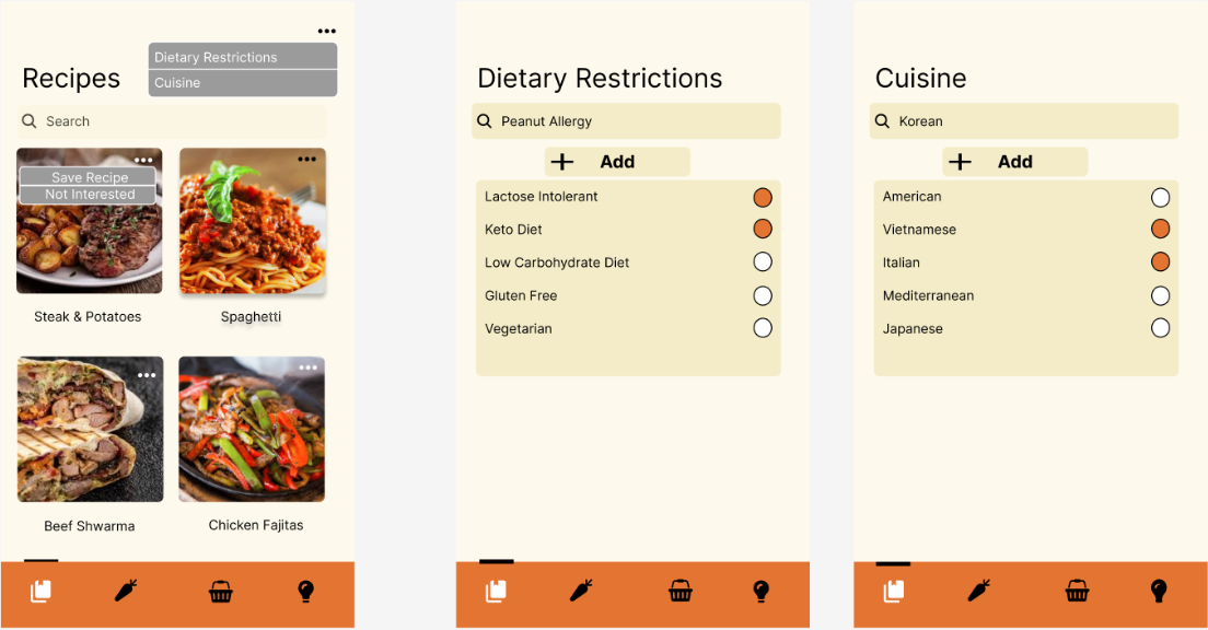 Figma frame of Cookin' recipes list